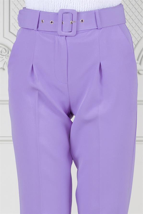 Beli Kemerli Pileli Kalem Pantolon-Lila