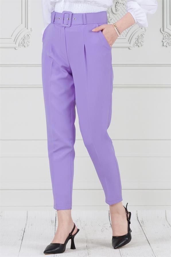 Beli Kemerli Pileli Kalem Pantolon-Lila