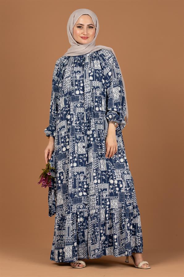 فستان بحزام على الخصر بنمط مزخرف-اللون الكحلي