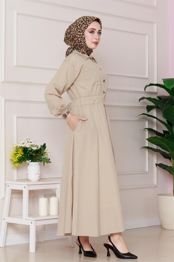 Beli Lastik Detaylı Yasemin Elbise-Bej