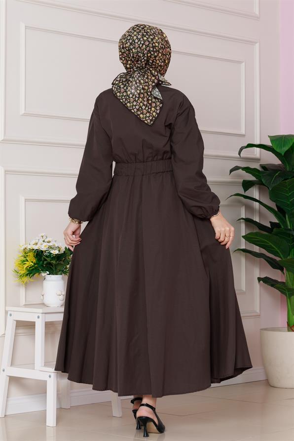 Beli Lastik Detaylı Yasemin Elbise-Kahverengi