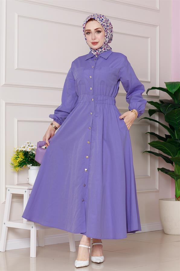 Beli Lastik Detaylı Yasemin Elbise-Lila