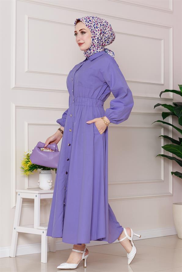 Beli Lastik Detaylı Yasemin Elbise-Lila