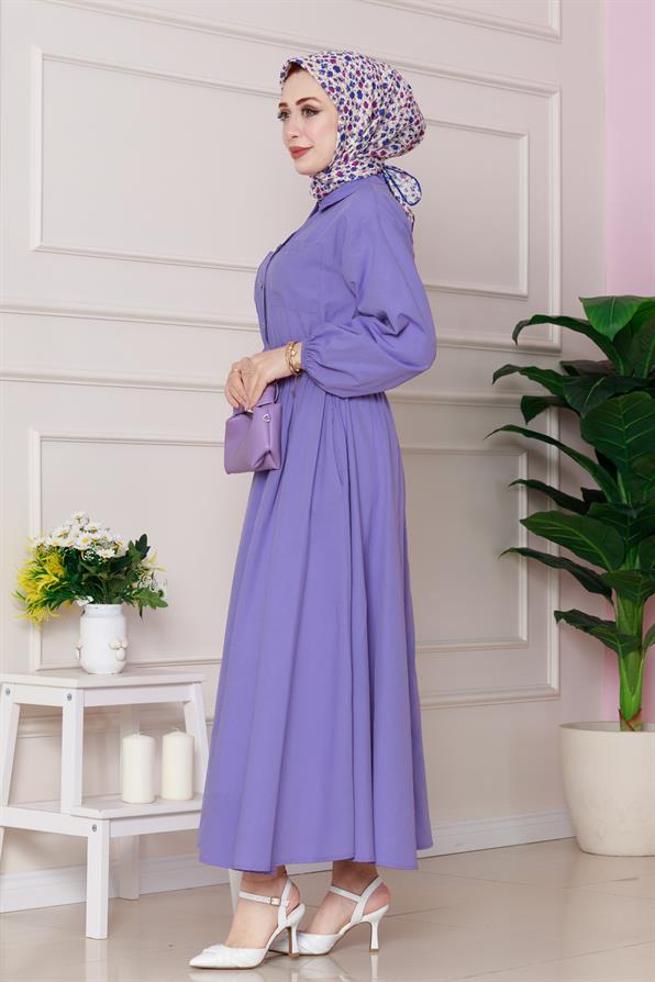 Beli Lastik Detaylı Yasemin Elbise-Lila