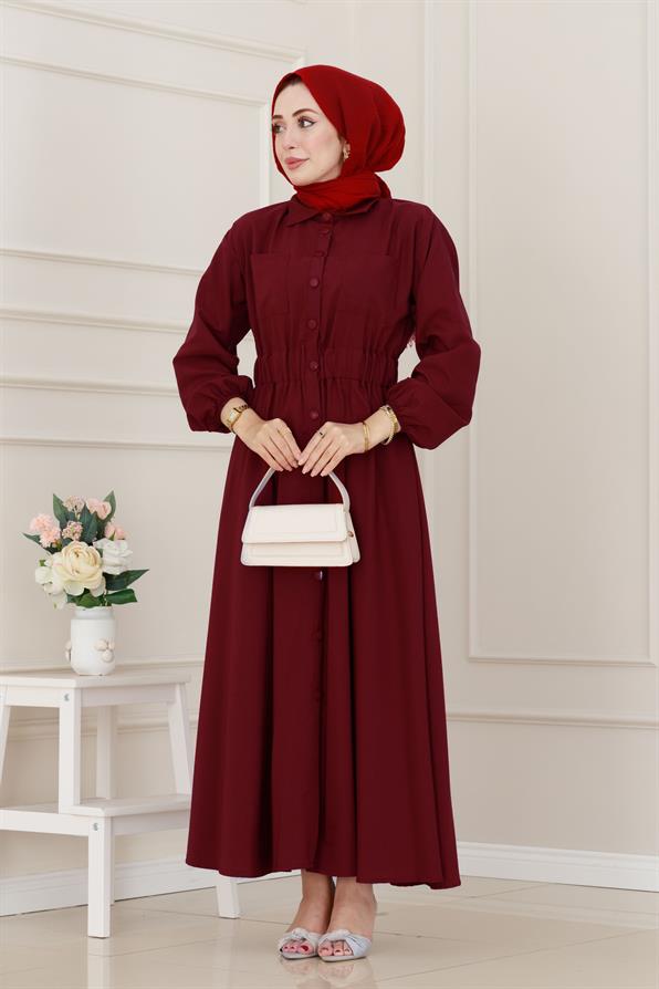 Beli Lastikli Cepli Yasmin Elbise-Bordo