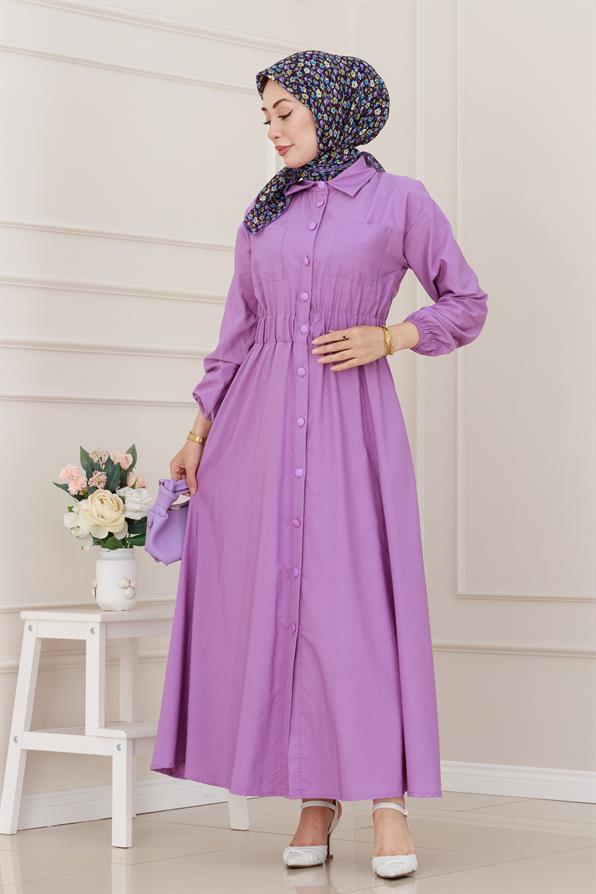 Beli Lastikli Cepli Yasmin Elbise-Lila