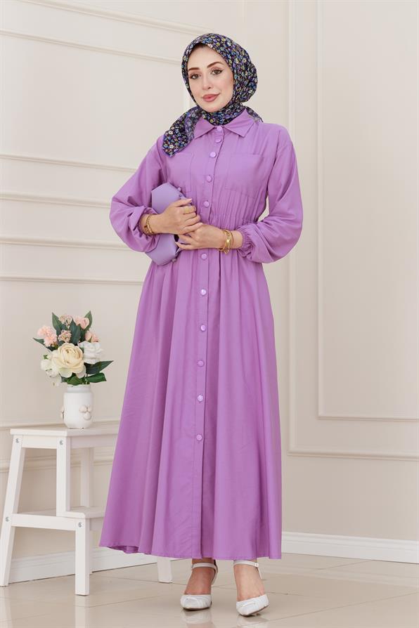 Beli Lastikli Cepli Yasmin Elbise-Lila