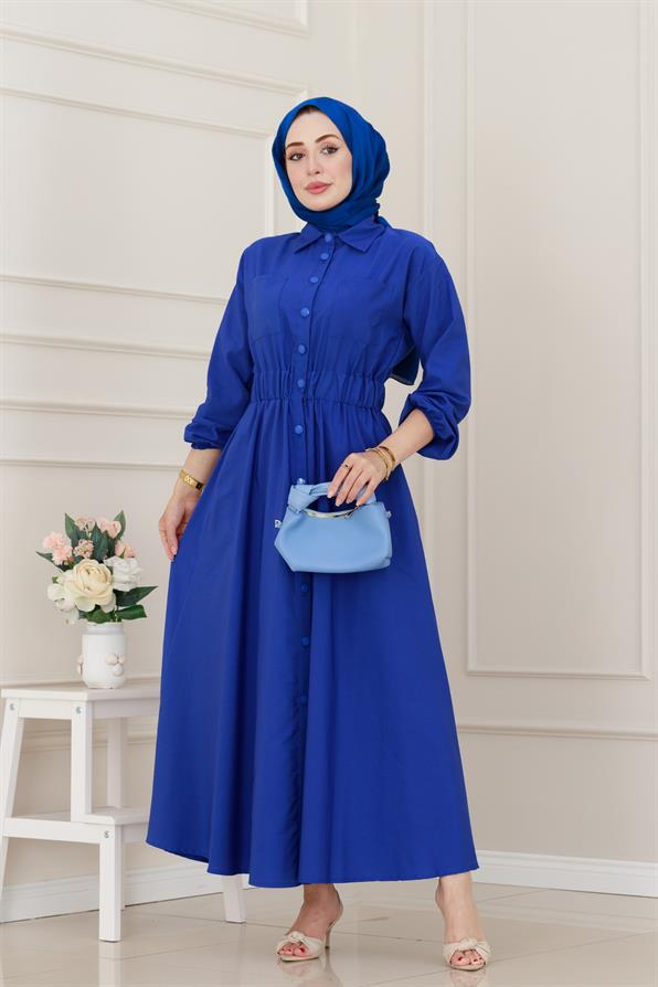 Beli Lastikli Cepli Yasmin Elbise-Mavi