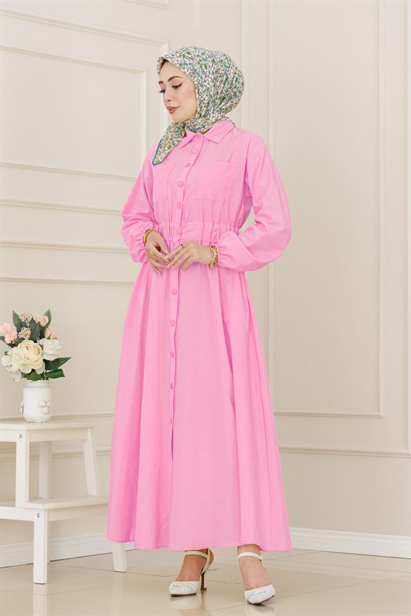 Beli Lastikli Cepli Yasmin Elbise-Pembe