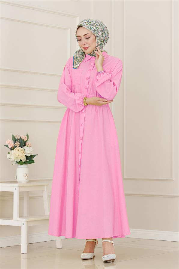 Beli Lastikli Cepli Yasmin Elbise-Pembe