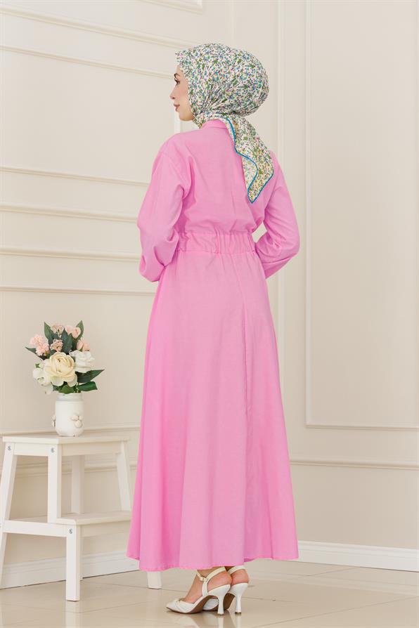 Beli Lastikli Cepli Yasmin Elbise-Pembe