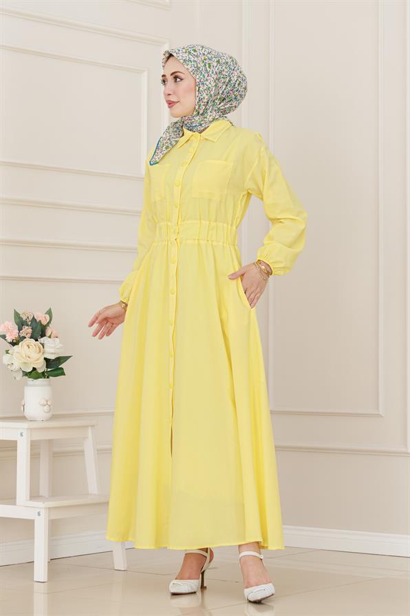 Beli Lastikli Cepli Yasmin Elbise-Sarı