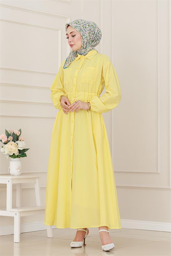 Beli Lastikli Cepli Yasmin Elbise-Sarı