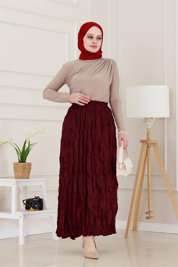 Beli Lastikli Kraş Etek-Bordo