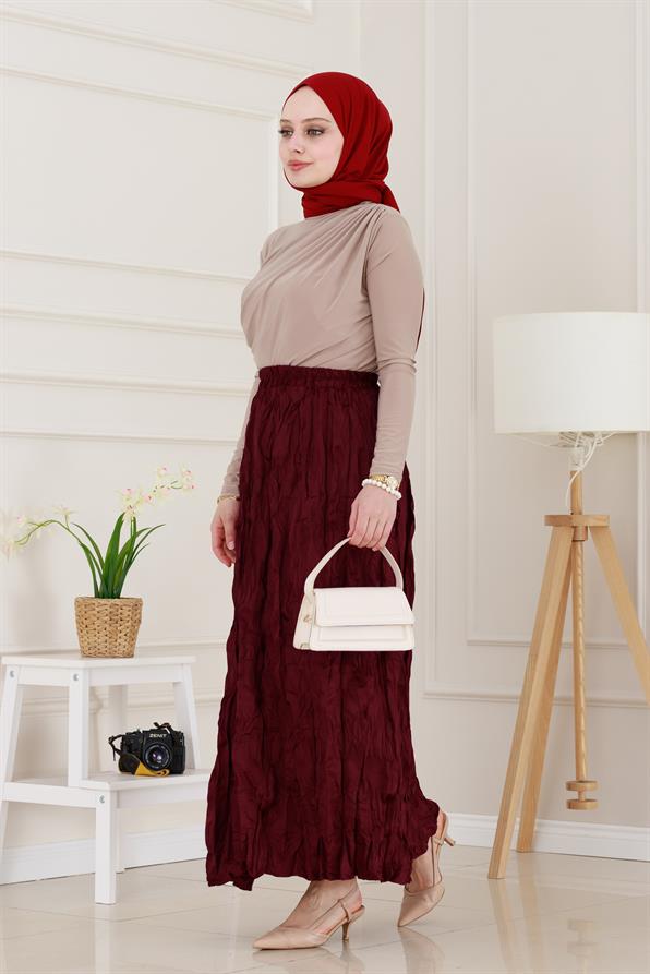 Beli Lastikli Kraş Etek-Bordo