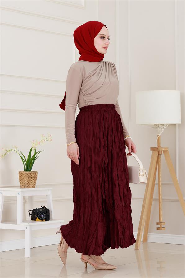 Beli Lastikli Kraş Etek-Bordo