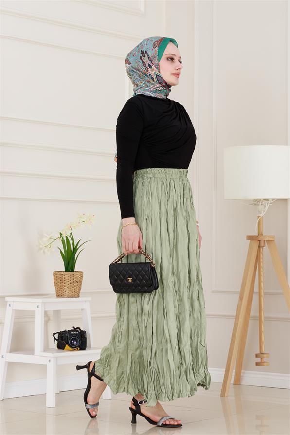 Beli Lastikli Kraş Etek-Mint Yeşili