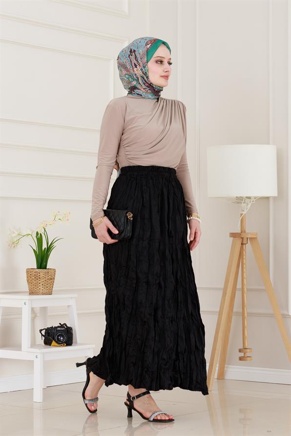 Beli Lastikli Kraş Etek-Siyah