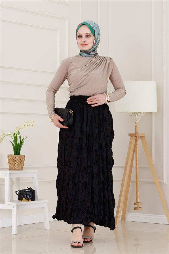 Beli Lastikli Kraş Etek-Siyah