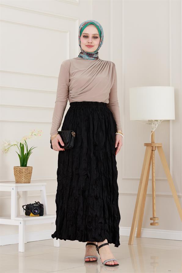 Beli Lastikli Kraş Etek-Siyah