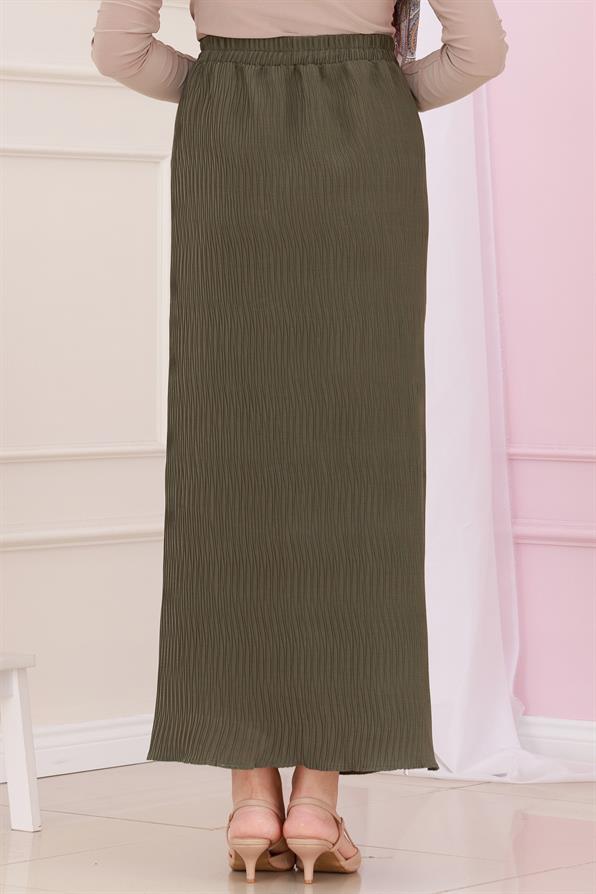 تنورة بخصر مطاطي وسحاب جانبي - لون الكاكي