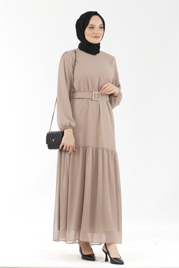 Beaded Belted Long Dress-Beige