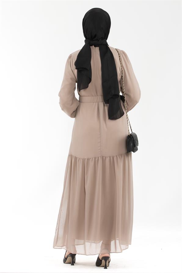 Beaded Belted Long Dress-Beige