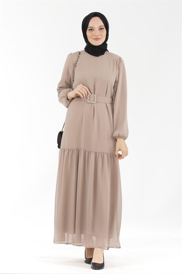 Beaded Belted Long Dress-Beige