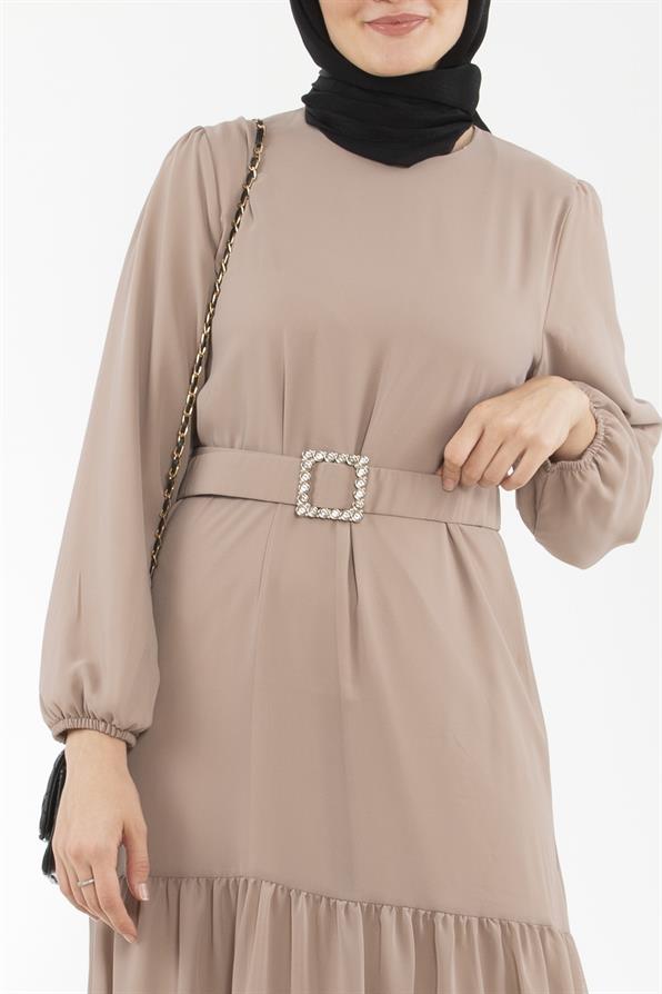 Beaded Belted Long Dress-Beige