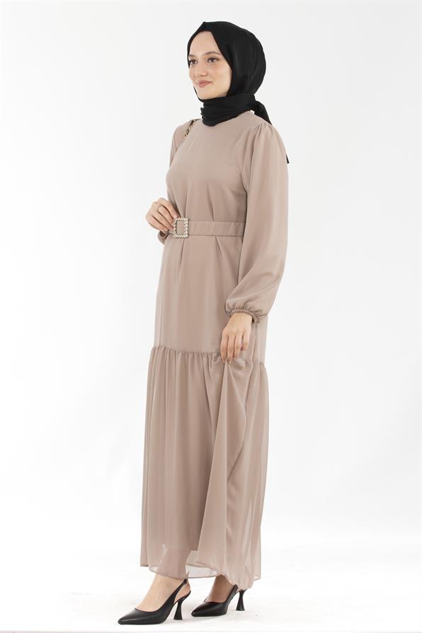Beaded Belted Long Dress-Beige