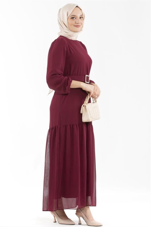 Beaded Belted Long Dress-Burgundy