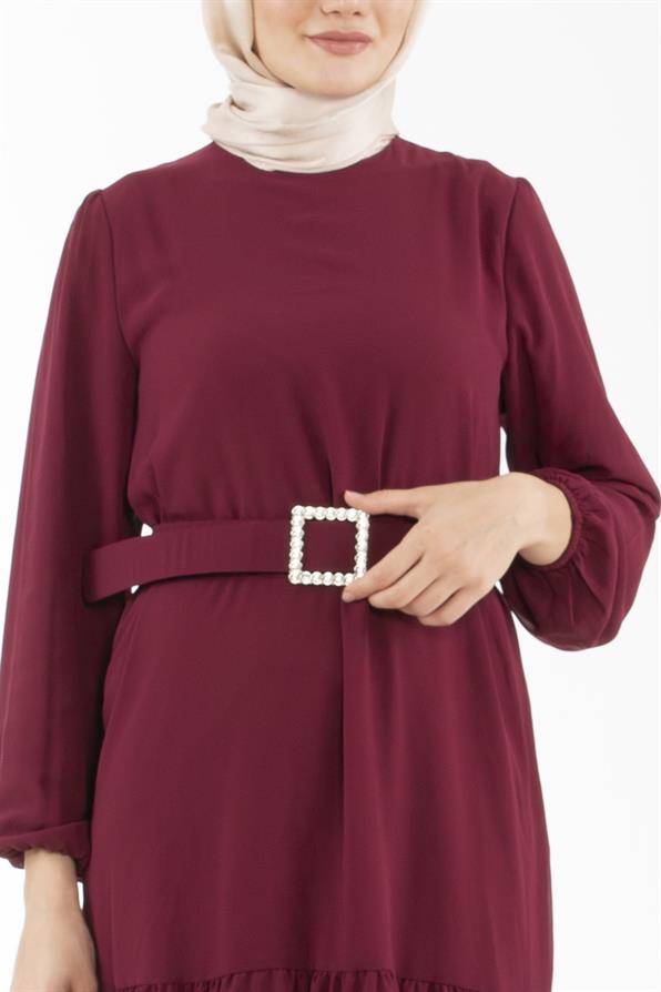 Beaded Belted Long Dress-Burgundy