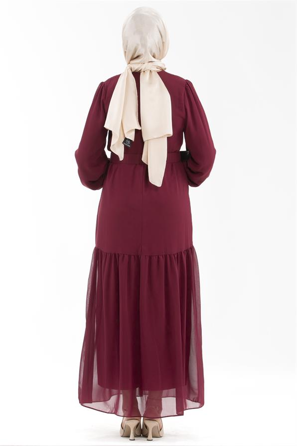 Beaded Belted Long Dress-Burgundy