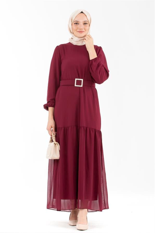 Beaded Belted Long Dress-Burgundy