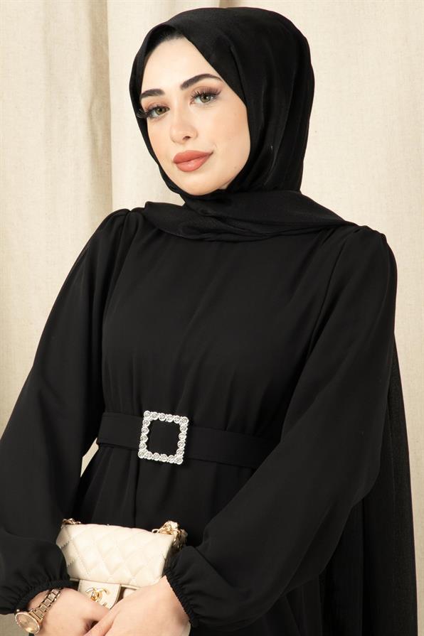  فستان طويلة بكمر ذو أحجار الماس أسود اللون 