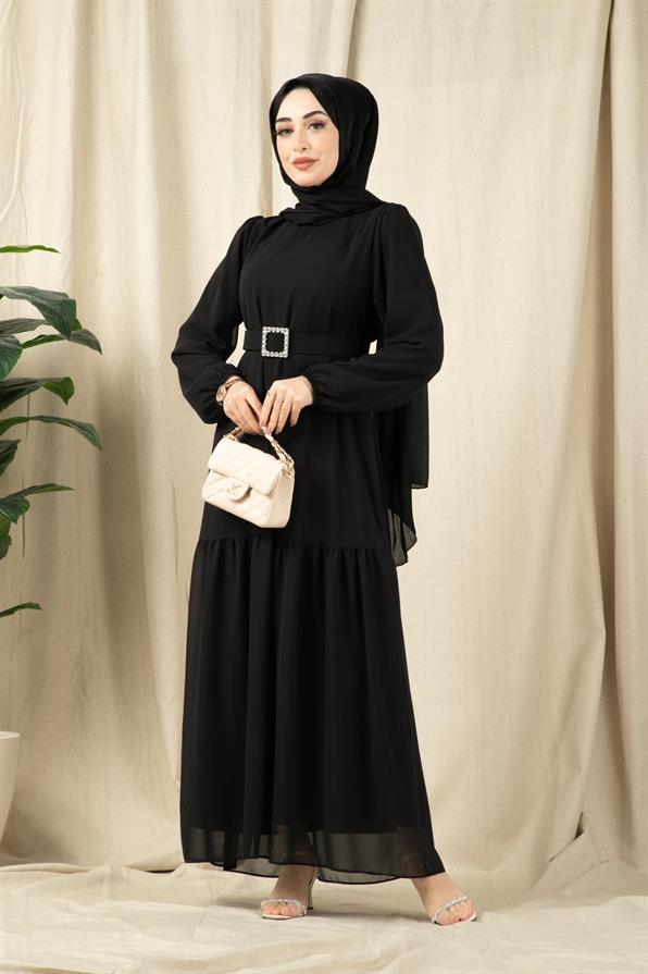  فستان طويلة بكمر ذو أحجار الماس أسود اللون 