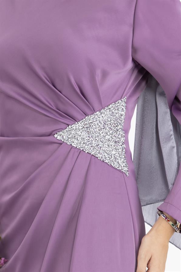 Beli Taşlı Saten Abiye-Lila