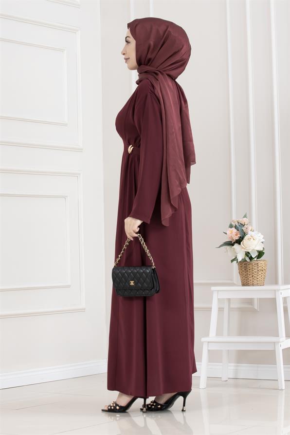 Beli Toka Detaylı Tesettür Elbise-BORDO