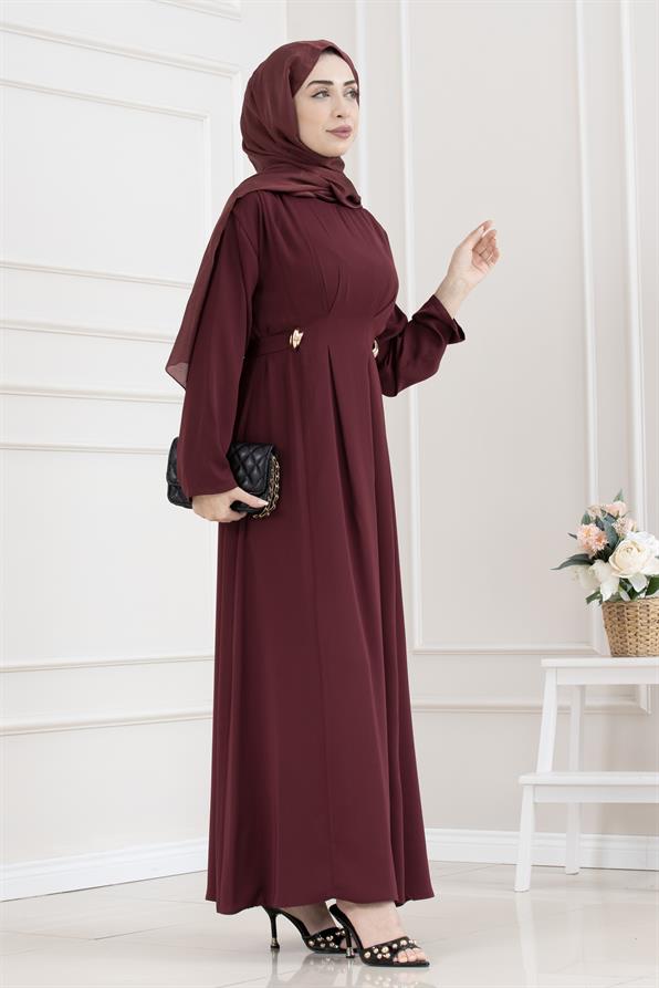 Beli Toka Detaylı Tesettür Elbise-BORDO