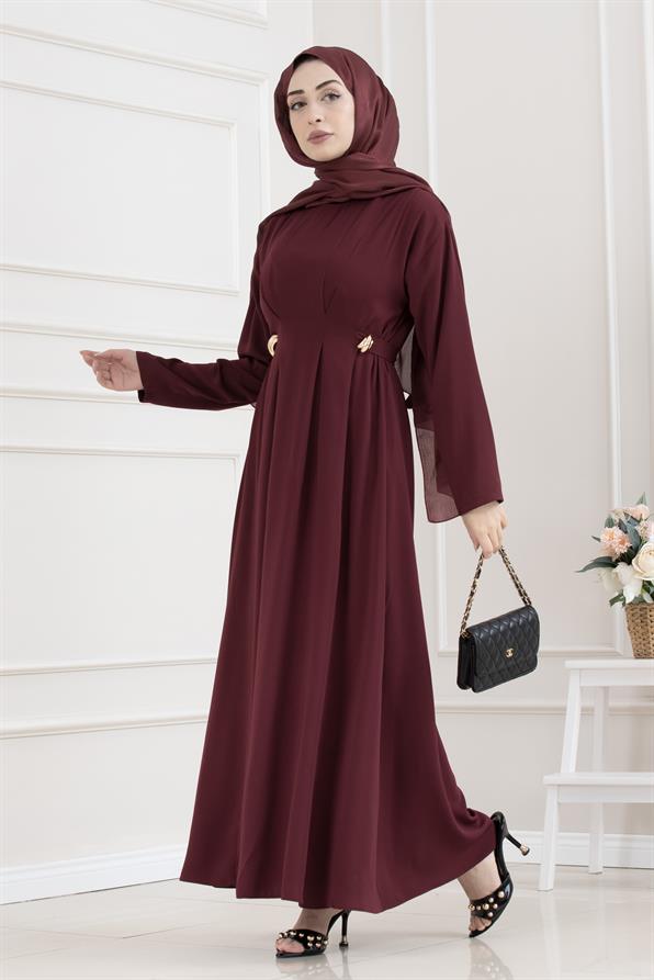 Beli Toka Detaylı Tesettür Elbise-BORDO