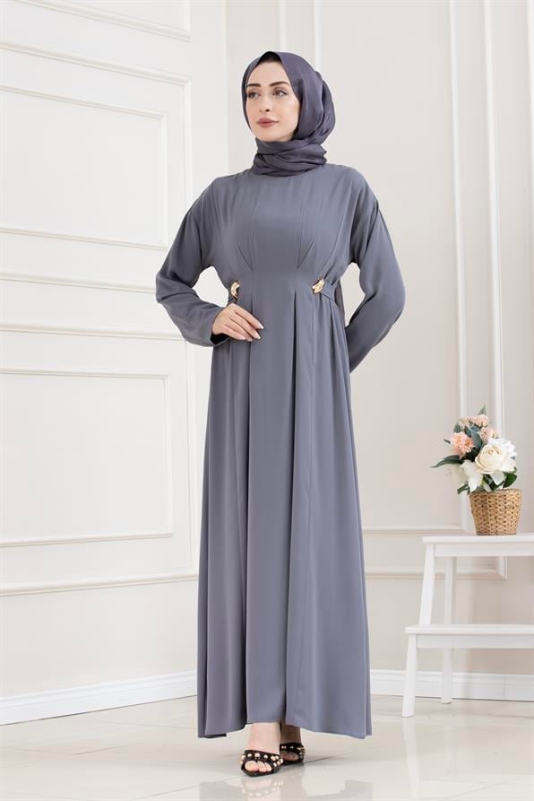 Beli Toka Detaylı Tesettür Elbise-GRİ