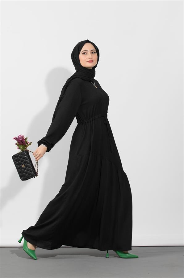 فستان بحزام مخفي من الخصر- اللون الأسود