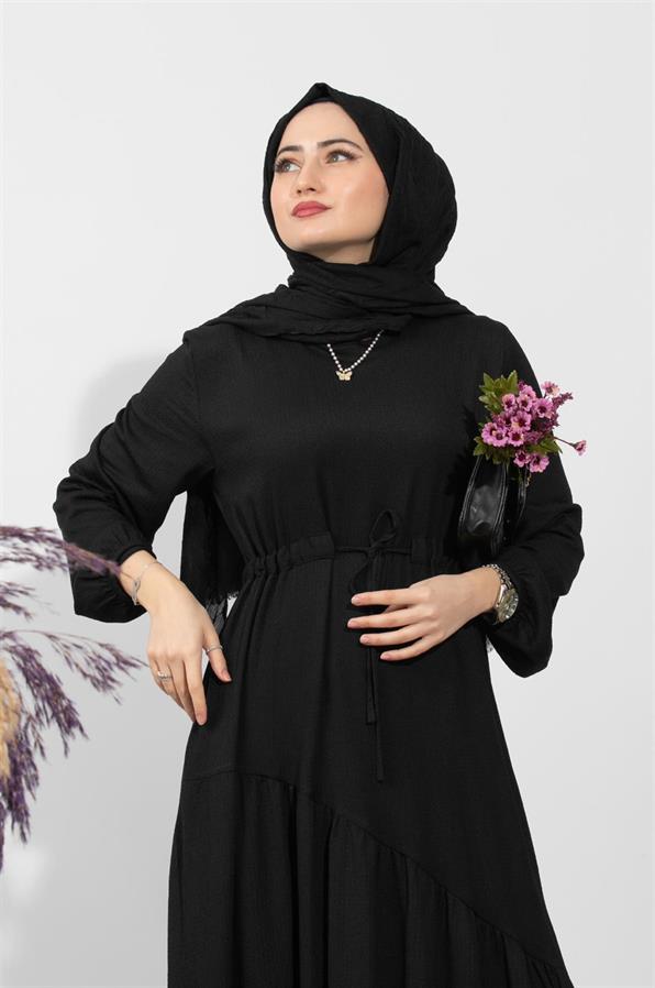 فستان بحزام مخفي من الخصر- اللون الأسود