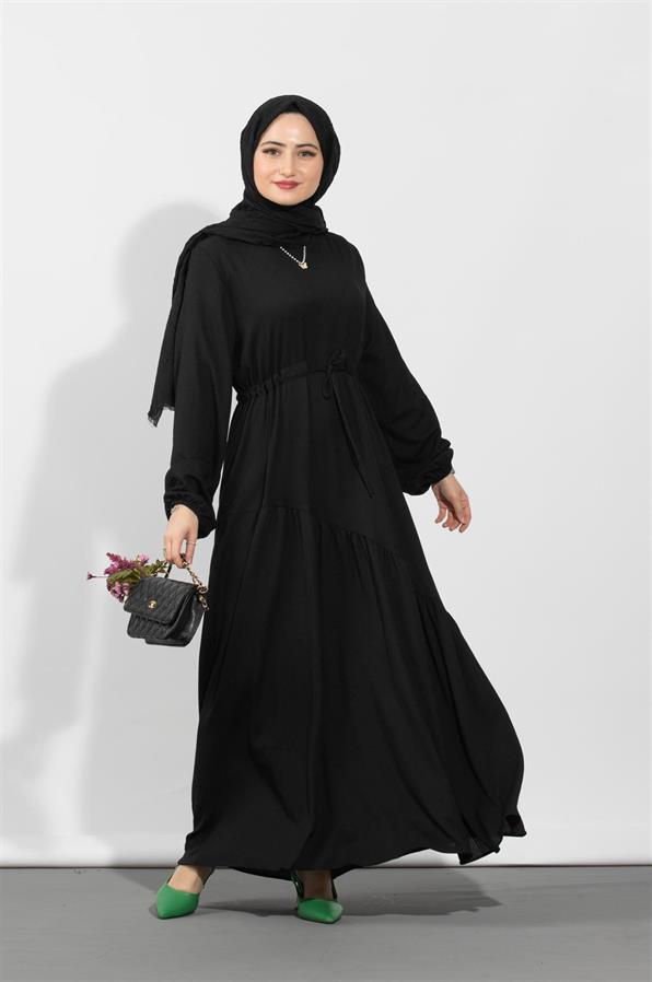فستان بحزام مخفي من الخصر- اللون الأسود