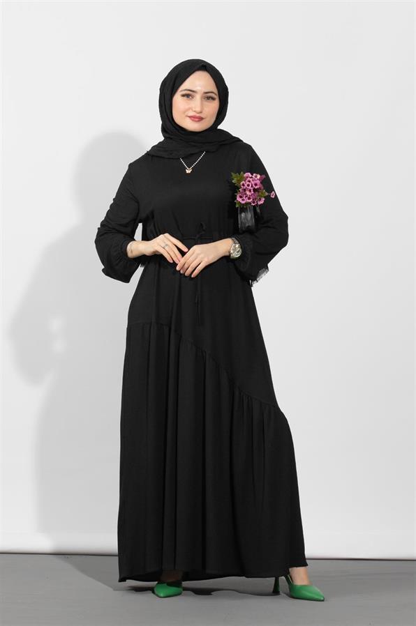 فستان بحزام مخفي من الخصر- اللون الأسود