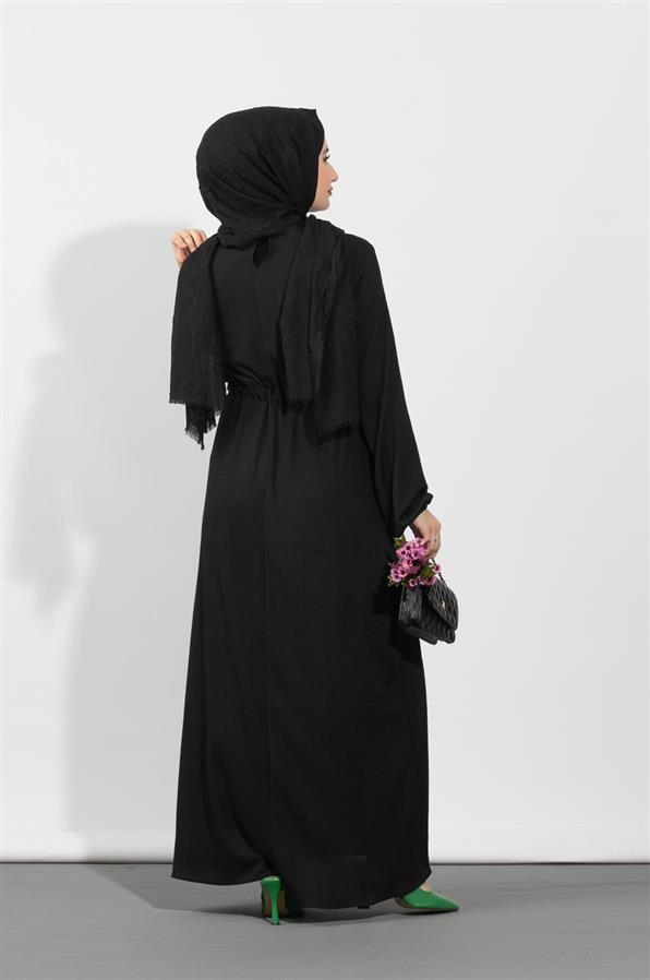 فستان بحزام مخفي من الخصر- اللون الأسود