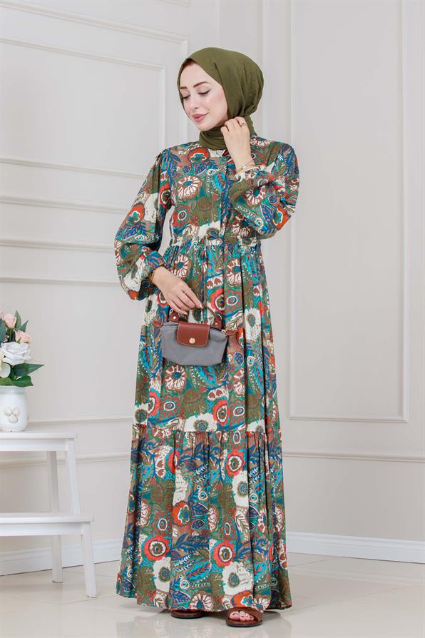 Beli Tünelli Çiçekli Viscon Elbise-Haki