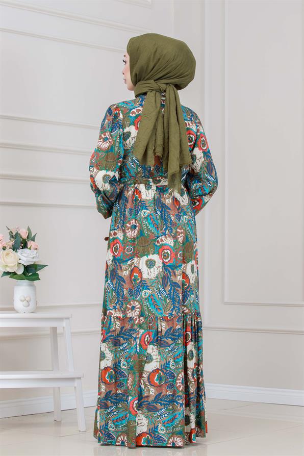 Beli Tünelli Çiçekli Viscon Elbise-Haki