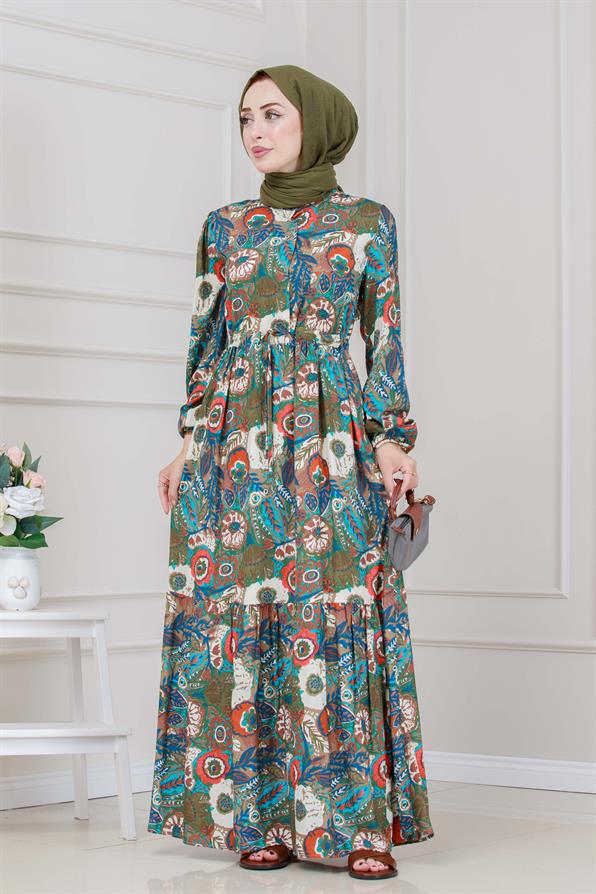 Beli Tünelli Çiçekli Viscon Elbise-Haki