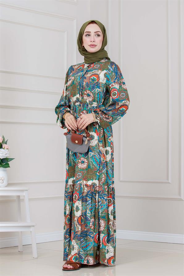 Beli Tünelli Çiçekli Viscon Elbise-Haki